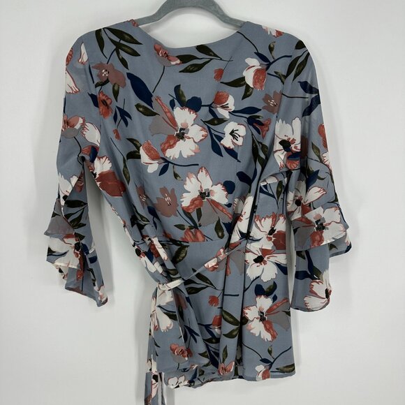 3/$25 Wayward Fancies Eshakti Floral Wrap Blouse Top L Flare Bell 3/4 Sleeves - Picture 2 of 8